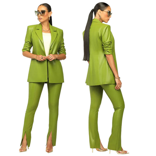 Traje de Cuero PU con Pliegues - Conjunto Elegante para Mujer - Image 5