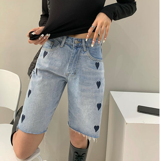 Pantalones Jeans Mujer Cintura Alta Pierna Ancha Recta con Detalles de Amor - Image 7