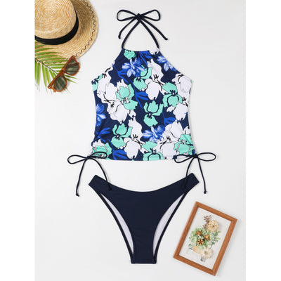 Black halter-neck tankini swimsuit with pink and white floral print, paired with solid black high-cut bikini bottoms. - Image 7