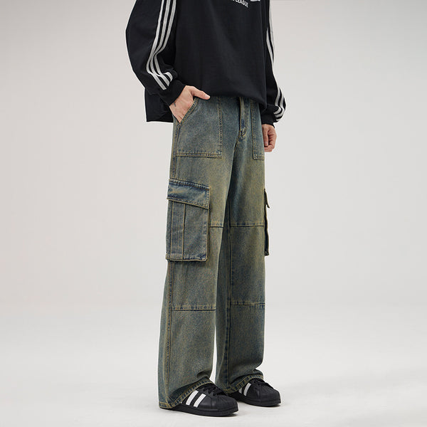 Pantalones Vaqueros Vintage Estilo Americano con Múltiples Bolsillos
