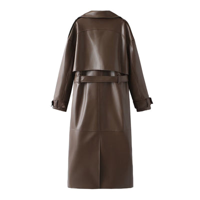 Abrigo de Cuero Extendido Diseño Francés Minimalista - Casual y Versátil - Image 11