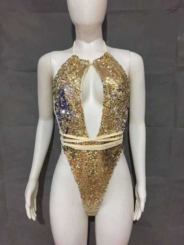 Traje de Baño Enterizo con Lentejuelas y Cuello Halter Ajustable - Image 4
