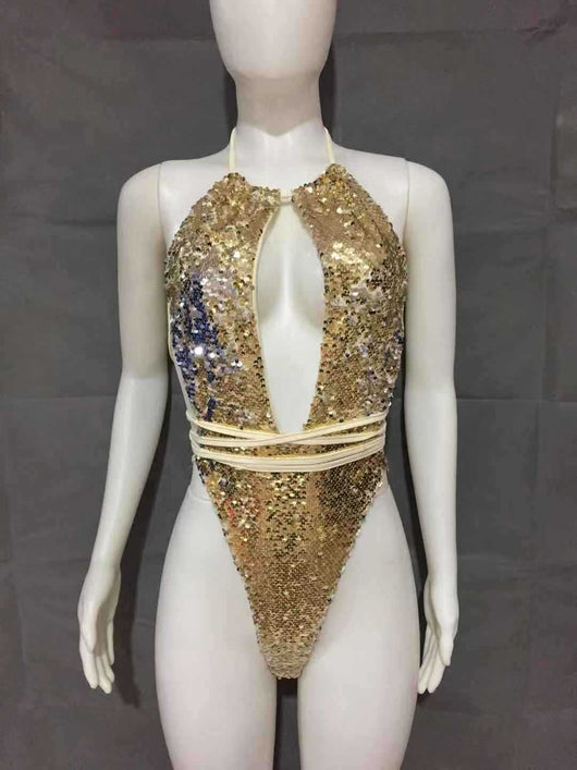 Traje de Baño Enterizo con Lentejuelas y Cuello Halter Ajustable - Image 4
