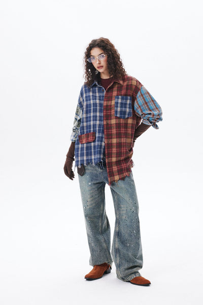 Camisa de Manga Larga Estilo Retro Americano con Diseño de Cuadros y Costuras - Image 31
