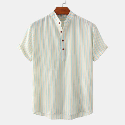 Camisa Casual de Rayas con Cuello Mao Manga Corta para Hombre - Image 5