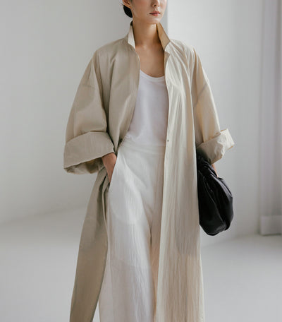 Abrigo Tipo Trench Shirt Dress Largo de Lino y Algodón con Abertura - Image 10