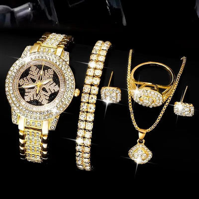 Reloj de Lujo con Patrón de Copo de Nieve y Juego de 5 Piezas en Strass - Image 11