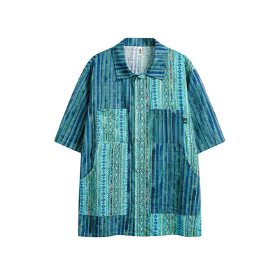 Camisa Suelta Hombre Rayas Étnicas Patchwork Manga Corta Retro - Image 6