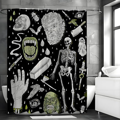 Black polyester shower curtain with a horror print featuring skeletons, skulls, monsters, and spooky elements. - Image 11
