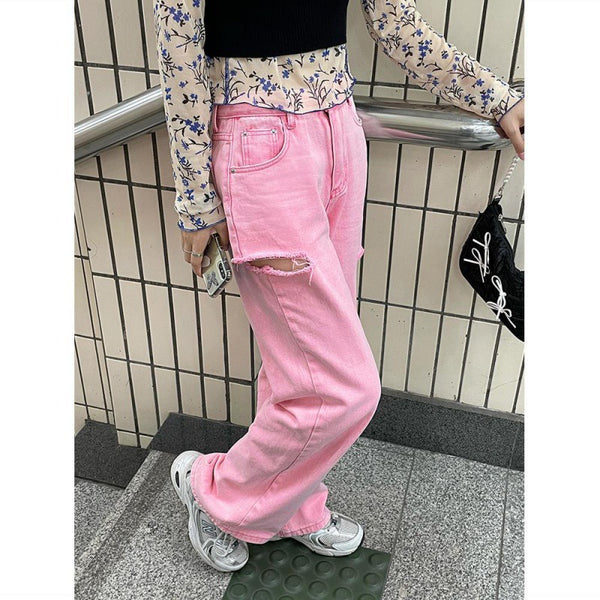 Pantalones Vaqueros Rotos Cintura Alta Mujer Pierna Recta Slim