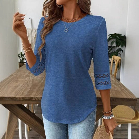 Blusa Casual para Mujer con Cuello Redondo, Encaje Patchwork y Mangas 3/4 - Image 3