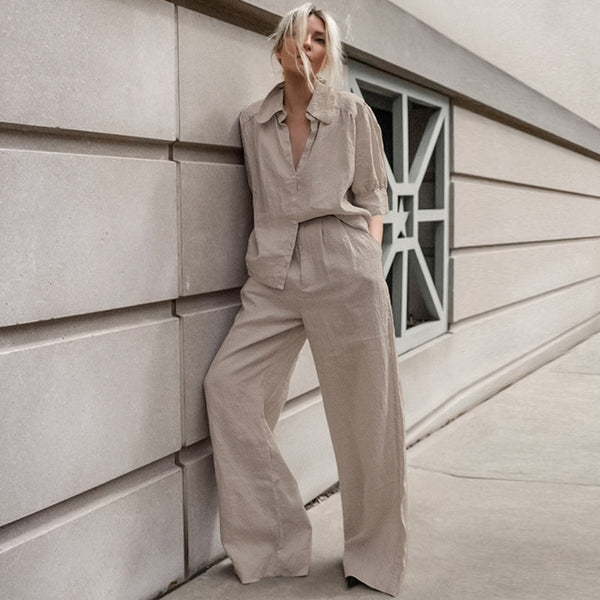 Conjunto Dos Piezas: Camisa Suelta Manga Larga y Pantalón Ancho Cómodo