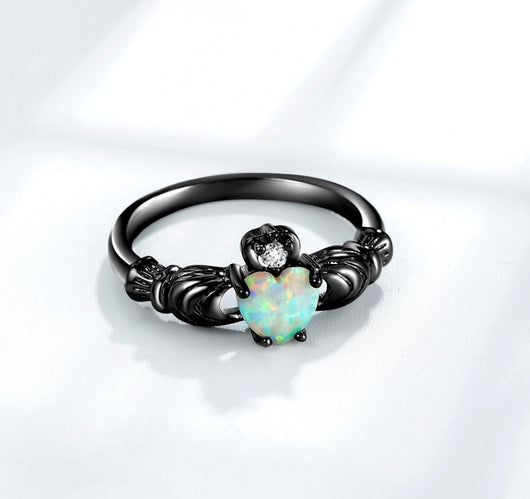 Anillo Corona de Ópalo Corazón Acero Negro - Image 5