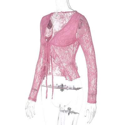 Cardigan de Encaje Transparente con Escote V y Cordones - Image 10