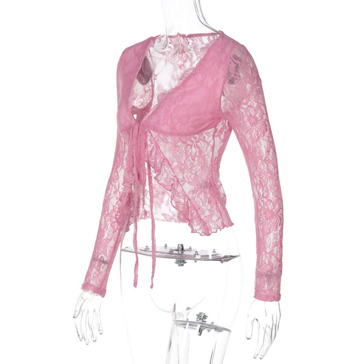 Cardigan de Encaje Transparente con Escote V y Cordones - Image 10
