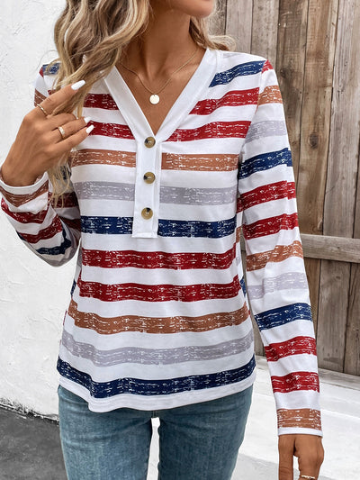 Blusa Mujer Rayas Cuello V Manga Larga con Detalles de Cierre - Image 11