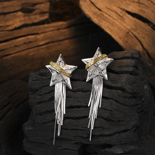 Aretes de Plata Esterlina 925 Diseño Borla Planeta Cinco Puntas