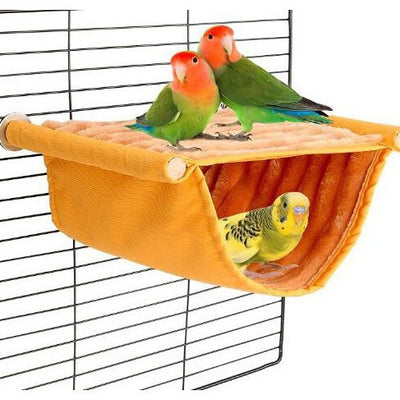 Gray and cream two-tier pet hammock with plush interior, hanging in a wire cage with three small birds. - Image 6