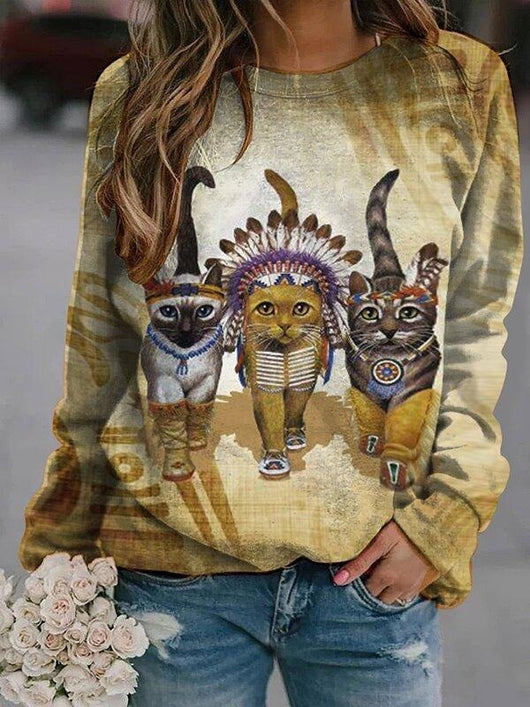 Suéter Holgado Estampado de Gatito de Manga Larga para Mujer - Image 4
