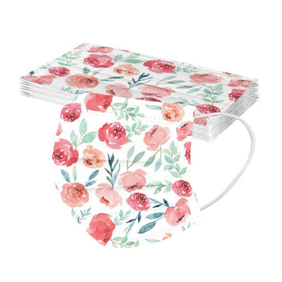Stack of disposable facial masks with a watercolor floral pattern of red, pink, and orange roses and green leaves. - Image 4