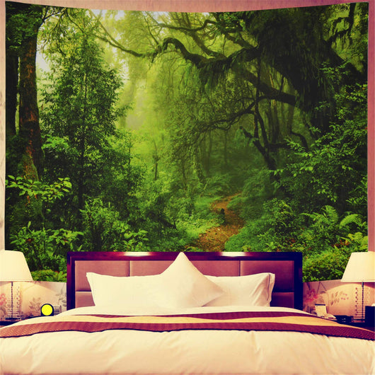 Printed tapestry featuring a lush green jungle scene with tall trees, dense foliage, and a winding path.