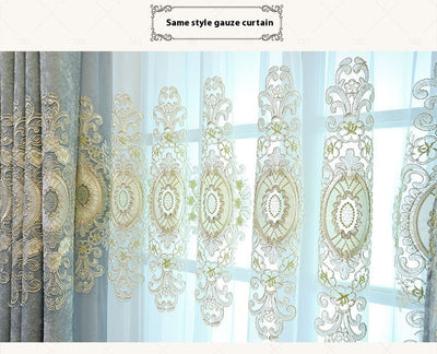 Blue sheer curtain with intricate gold and dark blue embroidery in a European classical style, draped over a window. - Image 27
