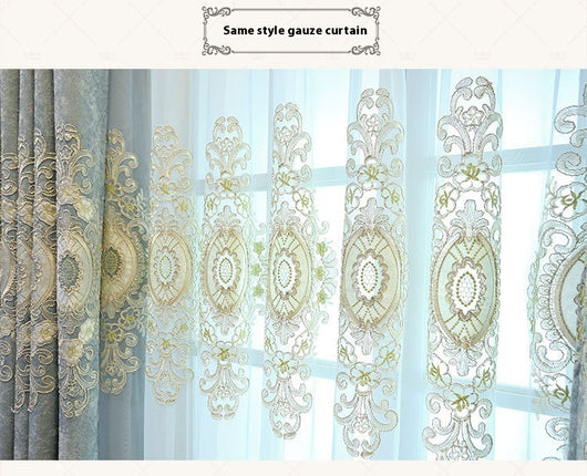 Blue sheer curtain with intricate gold and dark blue embroidery in a European classical style, draped over a window. - Image 27