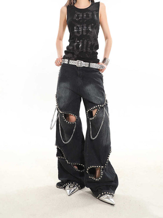 Jeans con Cadena de Remaches Hueca de Diseño Industrial - Image 16