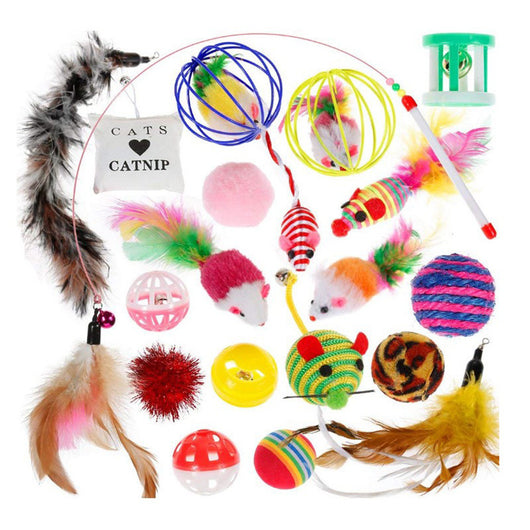 Multicolor pet cat toy set with feather wands, plush mice, sisal balls, plastic balls, and a catnip pouch.