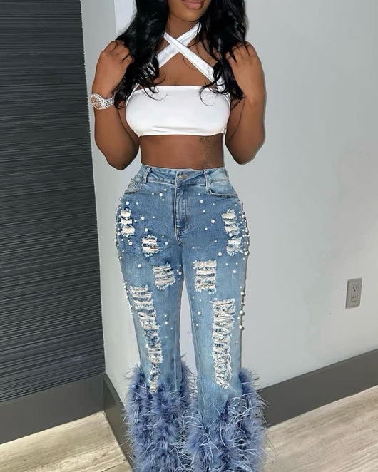 Jeans Stretch Rasgados con Detalles de Perlas - Image 36