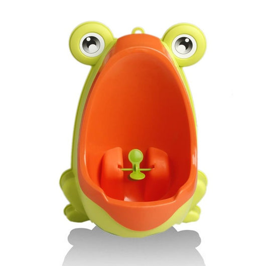 Green and orange frog-shaped children's urinal with large eyes and a spinning target for potty training. - Image 6