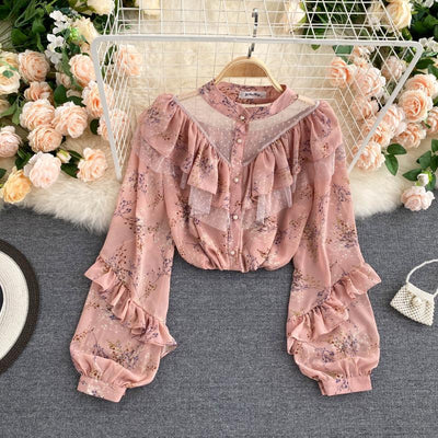 Blusa Floral Estilo Occidental con Mangas Abullonadas y Malla Transparente - Image 2