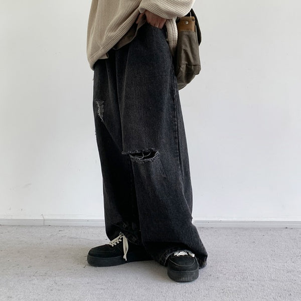 Pantalones Vaqueros Retro Estilo Japonés con Desgaste Pesado y Roturas Artesanales