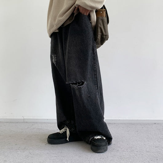 Pantalones Vaqueros Retro Estilo Japonés con Desgaste Pesado y Roturas Artesanales