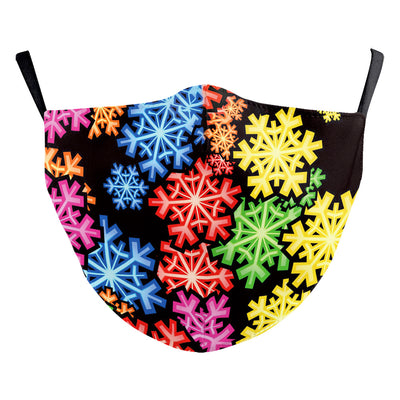 Black double-layer dust mask with a vibrant, multi-colored snowflake digital print and ear hooks. - Image 18