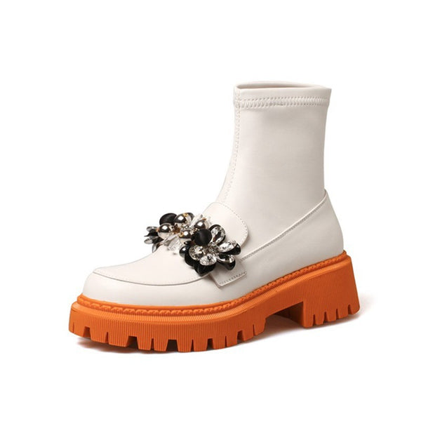 Botas Elásticas con Flores de Cristal y Punta Redonda para Mujer
