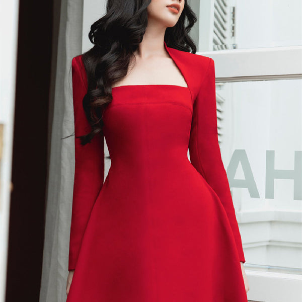 Vestido Largo Rojo de Manga Larga para Mujer - Image 3