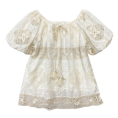 Blusa de Encaje Bordada Manga Corta - Diseño Exclusivo Francés Talla S - Image 5