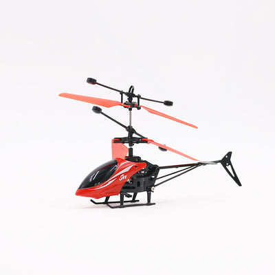 Red and black RC suspension induction helicopter toy with red main rotor blades and black tail rotor.