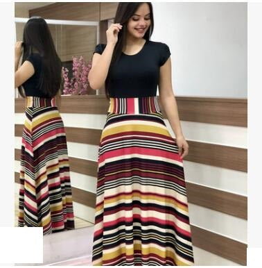 Vestido Largo Estampado Floral con Combinación de Colores Estilo Europeo y Americano