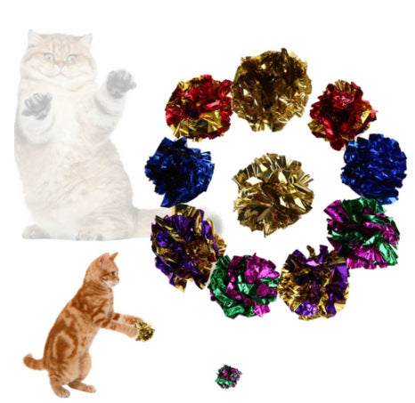 Assorted metallic crinkle foil balls for cats in red, blue, gold, silver, purple, and green colors.