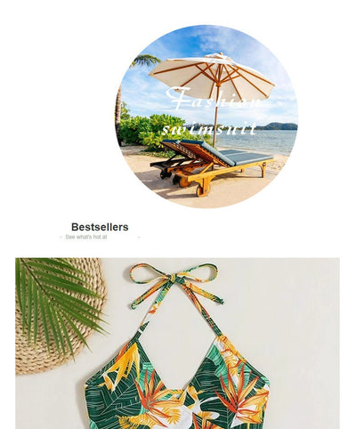 Women's two-piece swimsuit with a green, yellow, and orange tropical floral print halter top and solid yellow high-waisted bikini bottoms. - Image 10