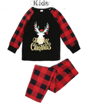 Men's Christmas pajama set with a black long-sleeve top featuring a reindeer and "Merry Christmas" text, paired with red plaid pants. - Image 5