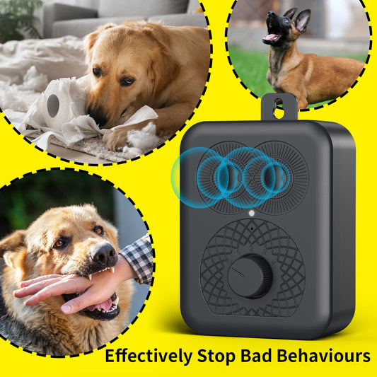 Black rechargeable anti-dog barking device with two speaker grilles, a white indicator light, and a numbered rotary dial.