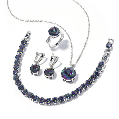 Four-piece jewelry set with silver-toned metal and round deep pink gemstones, including a necklace, bracelet, ring, and earrings. - Image 4