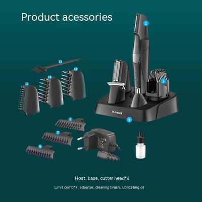 Black Kemei electric hair clipper grooming kit with multiple attachments and charging stand on a white background. - Image 3