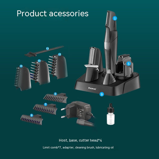 Black Kemei electric hair clipper grooming kit with multiple attachments and charging stand on a white background. - Image 3