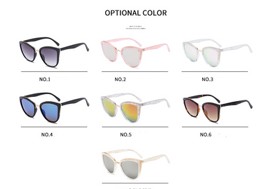 Female cat-eye sunglasses with clear marbled plastic frames, pink mirrored lenses, and gold-tone accents. - Image 10