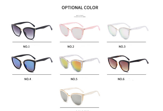 Female cat-eye sunglasses with clear marbled plastic frames, pink mirrored lenses, and gold-tone accents. - Image 10