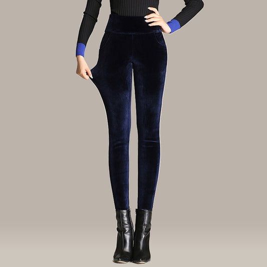 Pantalones de Terciopelo Dorado Cintura Alta Talla Grande Stretch Cálido